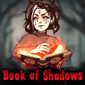 Book of Shadows fra Nolimit City, en blek jente med mørke tårer som holder en glødende rød bok