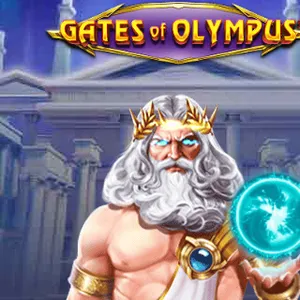 Gates of Olympus fra Pragmatic Play, Zevs med gullkrone og en glødende blå kule foran et marmortempel