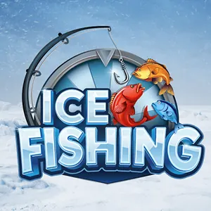 Ice Fishing fra Evolution, et pengehjul med fiskestang, røde og gule fisker og tittel i isblått