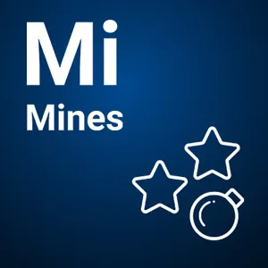 Mines fra Spribe vist som blå flis med tittel og enkle ikoner av to stjerner og en bombe