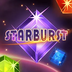 Starburst fra NetEnt, en gnistrende lilla krystall med en grønn og en blå edelstein mot mørk bakgrunn
