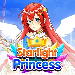 Starlight Princess fra Pragmatic Play, en animeprinsesse med rødt hår, vinger og guldkrone mod en lys himmel