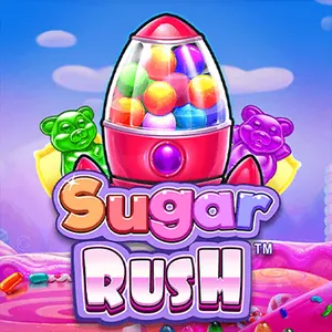 Sugar Rush fra Pragmatic Play, en lyserød slikautomat fuld af kugler og vingummibamser over et slikland