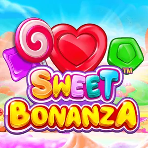 Spelruta för Sweet Bonanza med klubba, rött godishjärta och grön karamell ovanför en gul och rosa logotyp