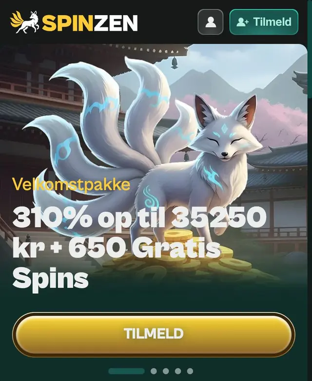 Dansk forside på mobil med Spinzen-logo, personikon og grøn Tilmeld-knap over et banner med 310 % op til 35250 kr