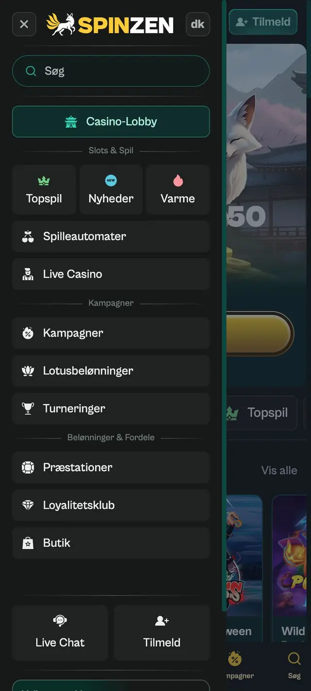 Åben sidemenu med søgefelt, Casino-Lobby, Topspil, Nyheder, Varme og knapperne Live Chat og Tilmeld nederst
