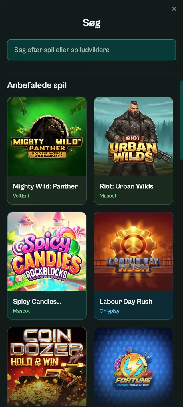 Søgepanel med tomt felt foroven og anbefalede spil som Mighty Wild: Panther fra VoltEnt og Riot: Urban Wilds