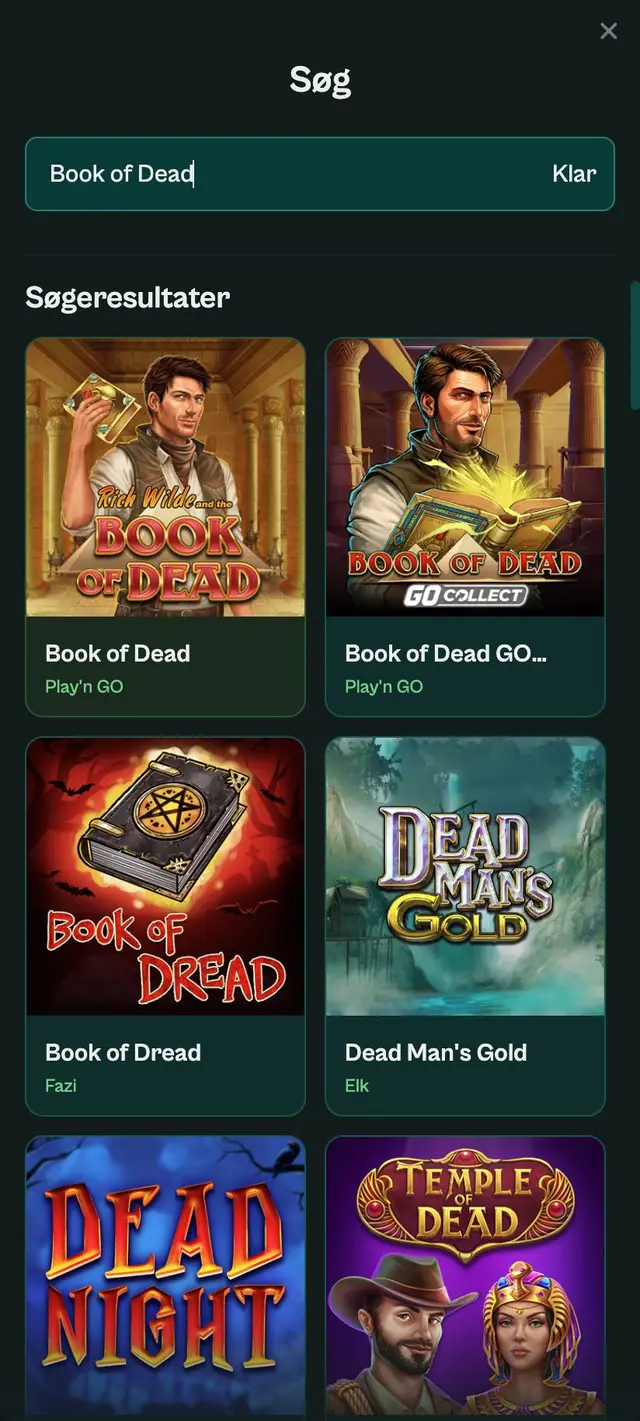 Resultatgitter efter Book of Dead med originalen og GO Collect fra Play'n GO, Book of Dread og Dead Man's Gold