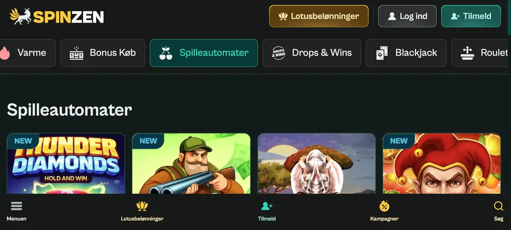 Liggende visning af Spilleautomater med computerheader, kategorier som Bonus Køb og Blackjack og fire fliser