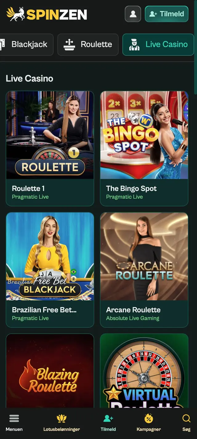 Live Casino-lobbyen på dansk mobil med Roulette 1, The Bingo Spot, Brazilian Free Bet Blackjack og Arcane Roulette