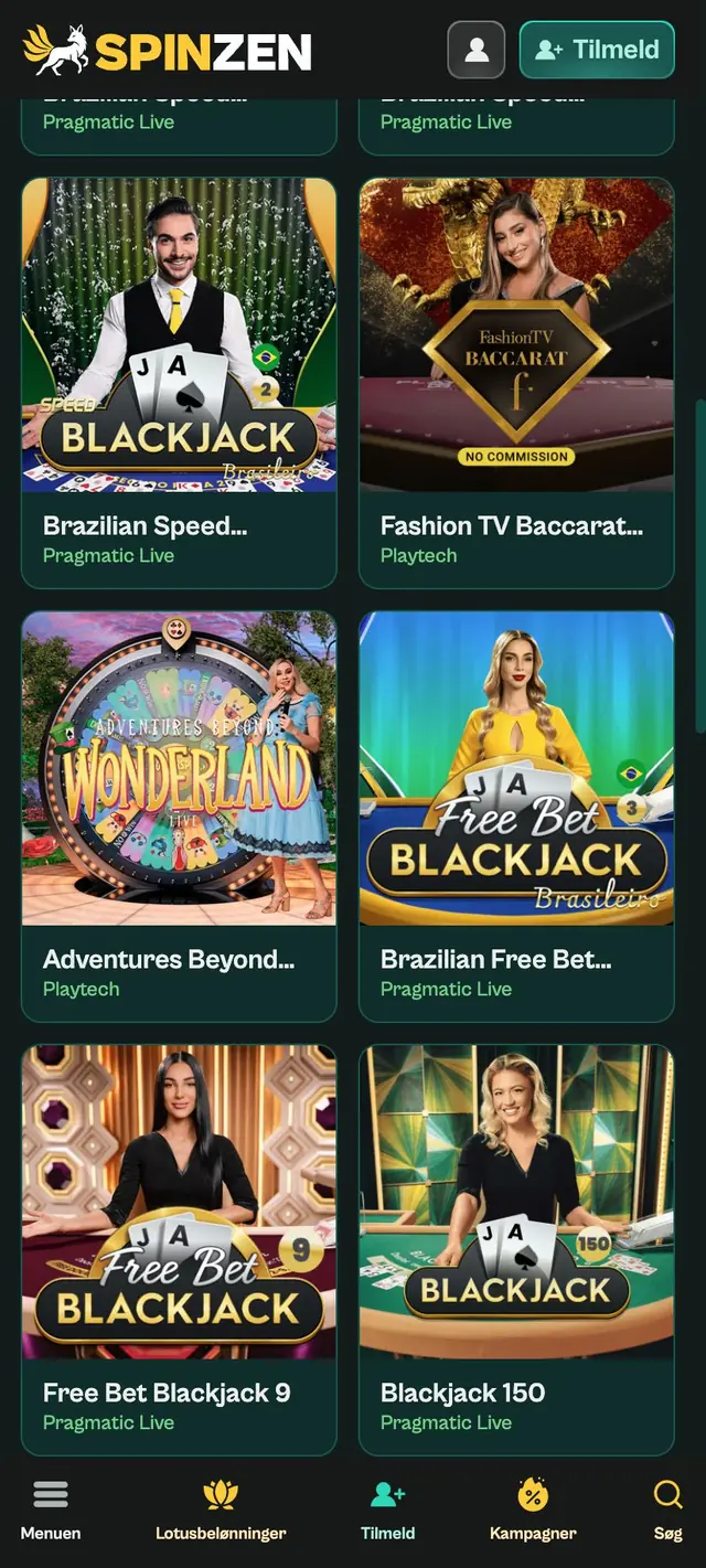 Scrollet live-lobby med Brazilian Speed Blackjack, Fashion TV Baccarat, Adventures Beyond Wonderland og Blackjack 150