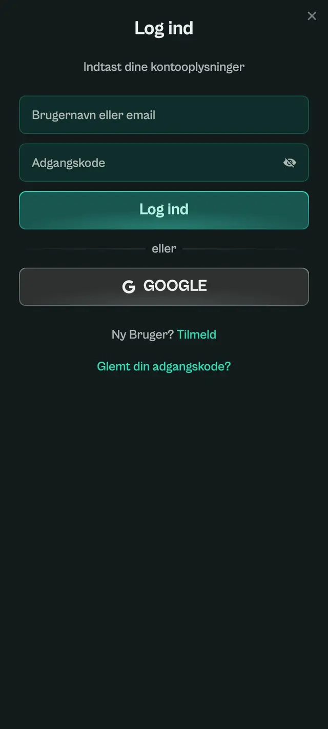 Formularen Log ind med teksten Indtast dine kontooplysninger, to felter, grøn knap og en grå GOOGLE-knap under