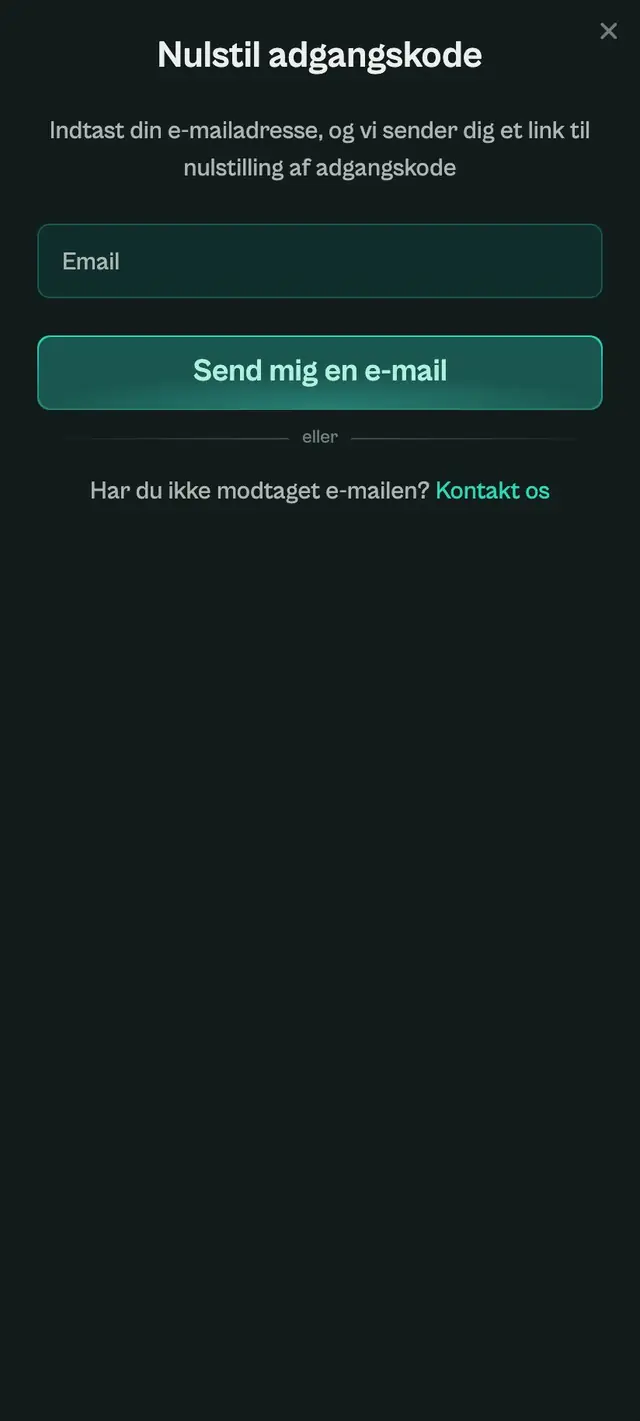 Nulstilling på mobil: overskrift, kort forklaring om et link til ny kode, feltet Email og en grøn knap til at sende