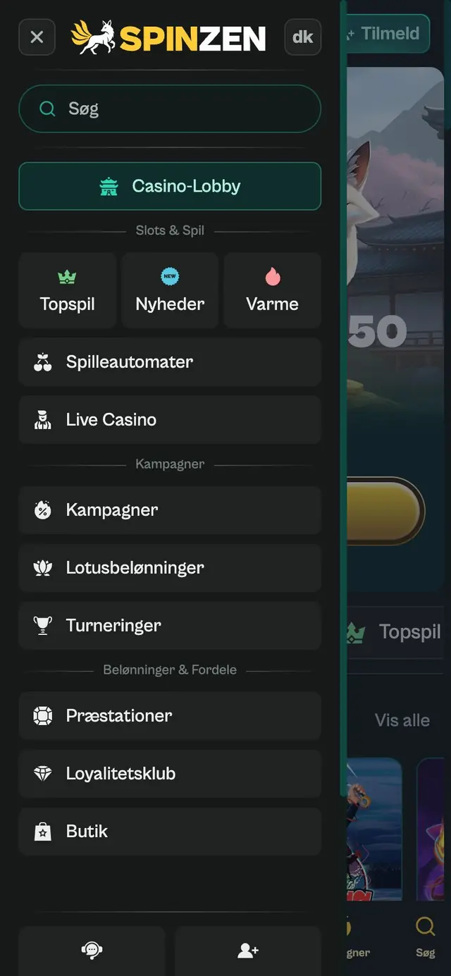 Åben sidemenu på iPhone med søgefelt, Casino-Lobby, Topspil, Nyheder, Varme, Live Casino og Loyalitetsklub