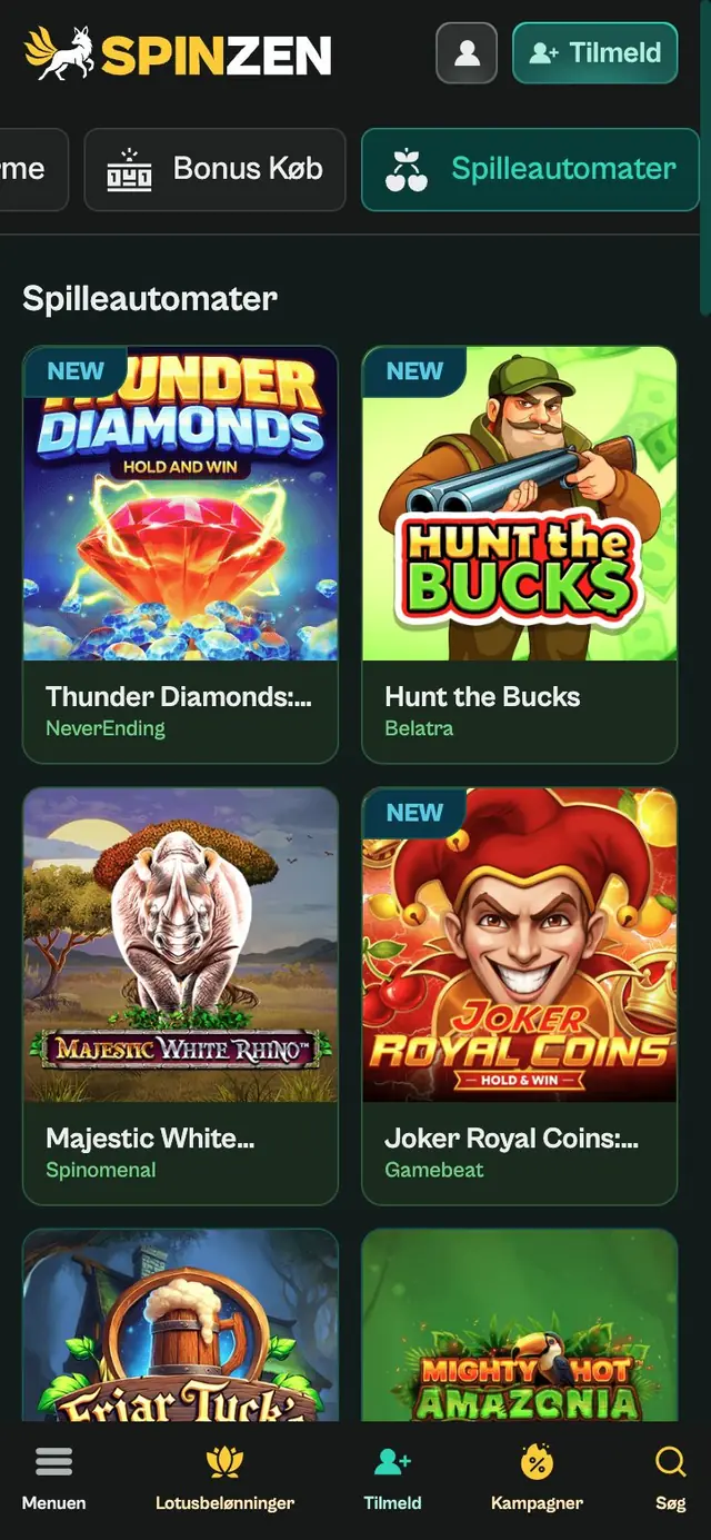 Spilleautomater i iPhone-bredde med to kolonner fliser som Thunder Diamonds og Hunt the Bucks samt bundmenu