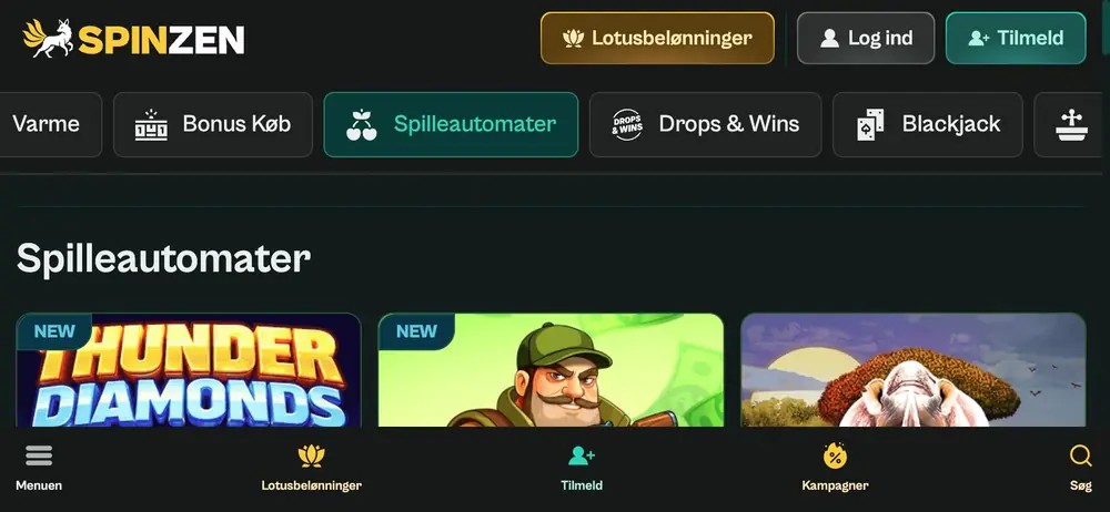 Liggende iPhone-visning med computerheader, kategorier som Bonus Køb og Drops & Wins og tre spilfliser