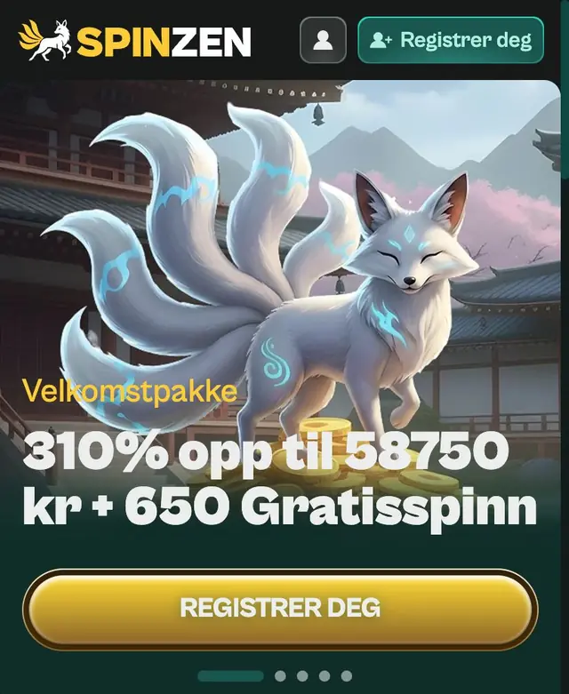 Forsiden på mobil med Spinzen-logo, personikon og grønn knapp Registrer deg over velkomstbanneret