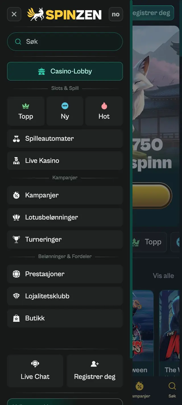 Sideskuff åpen fra venstre med søkefelt, Casino-Lobby, Topp, Ny, Hot og knappene Live Chat og Registrer deg