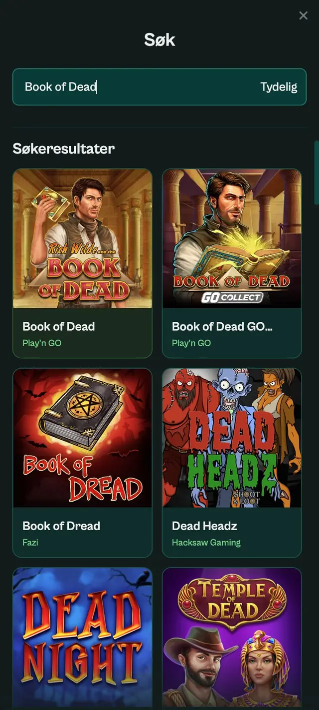 Søkeresultater for Book of Dead i to kolonner, med Book of Dead GO Collect, Book of Dread og Dead Headz