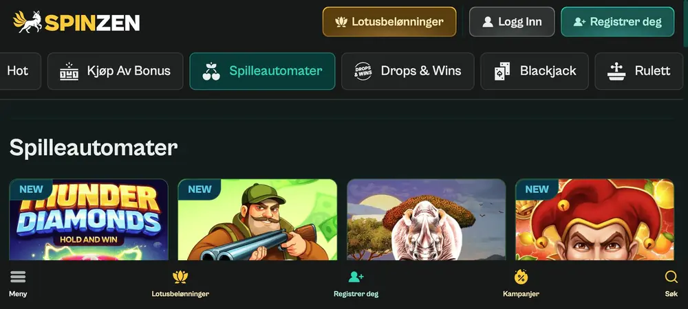 Spilleautomater på tvers med skrivebordets toppfelt, kategoriknapper og fire spillfliser i én rad