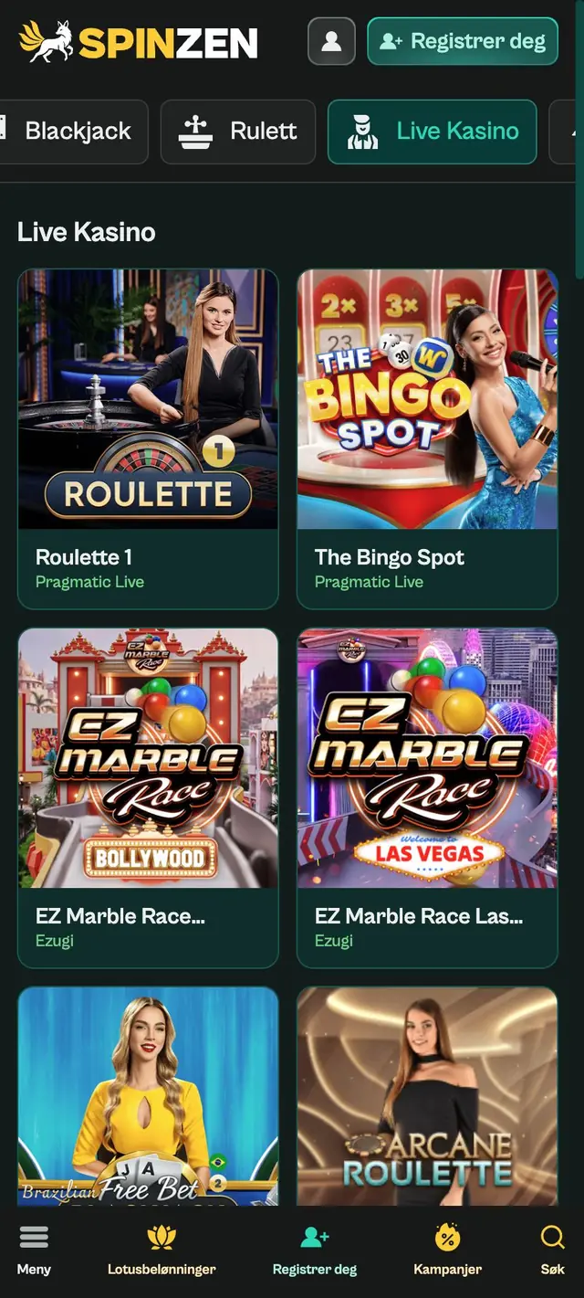 Live Kasino-lobbyen på mobil med Roulette 1, The Bingo Spot og to EZ Marble Race-ruter i to kolonner