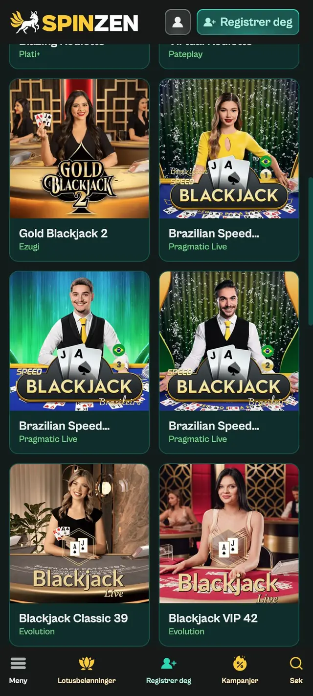 Rullet live-lobby med Gold Blackjack 2, tre Brazilian Speed Blackjack-bord og Blackjack Classic 39 og VIP 42
