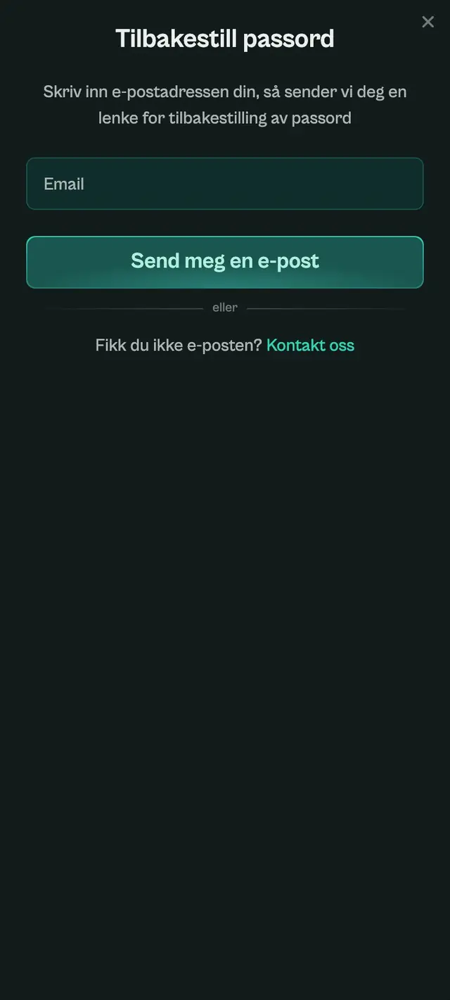 Skjemaet Tilbakestill passord med ett e-postfelt, knappen Send meg en e-post og lenken Kontakt oss