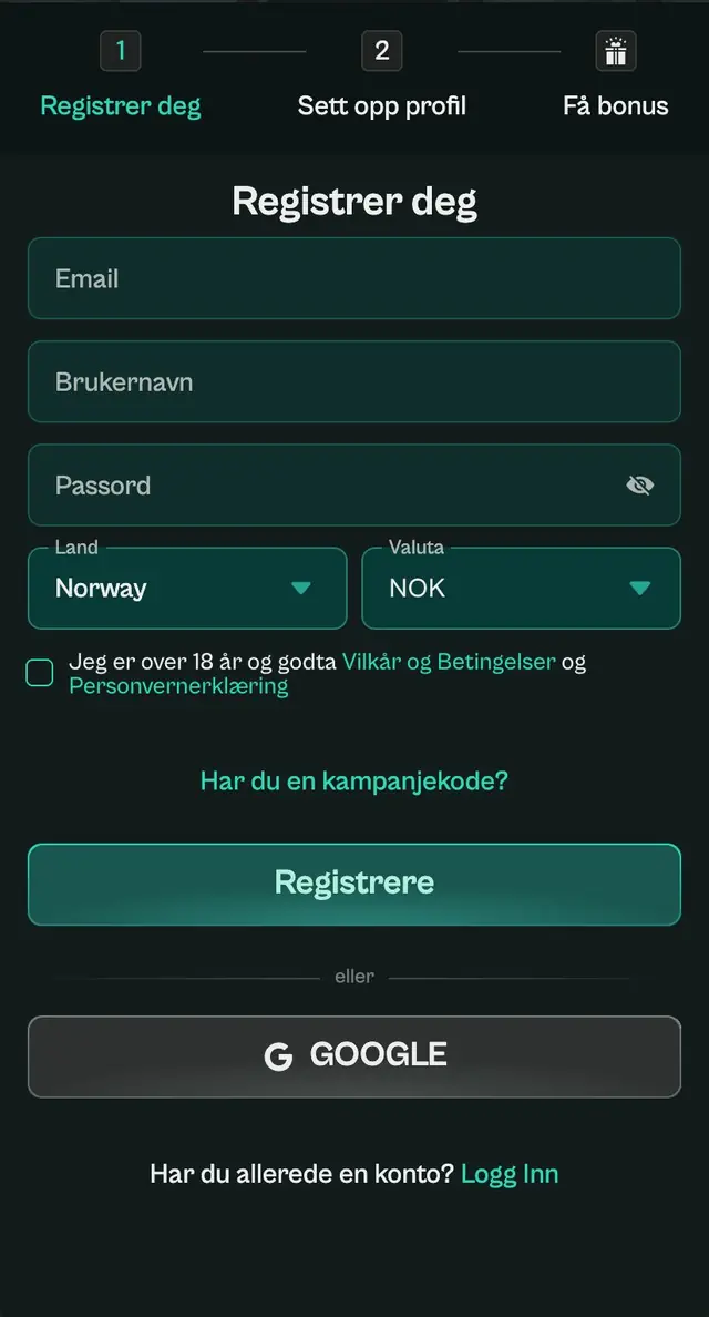 Første registreringstrinn med feltene Email, Brukernavn og Passord, Land Norway, Valuta NOK og knappen Registrere