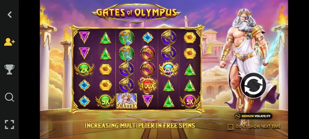 Visning på tvers der Gates of Olympus fyller skjermen og Spinzens ikoner står loddrett langs venstre kant