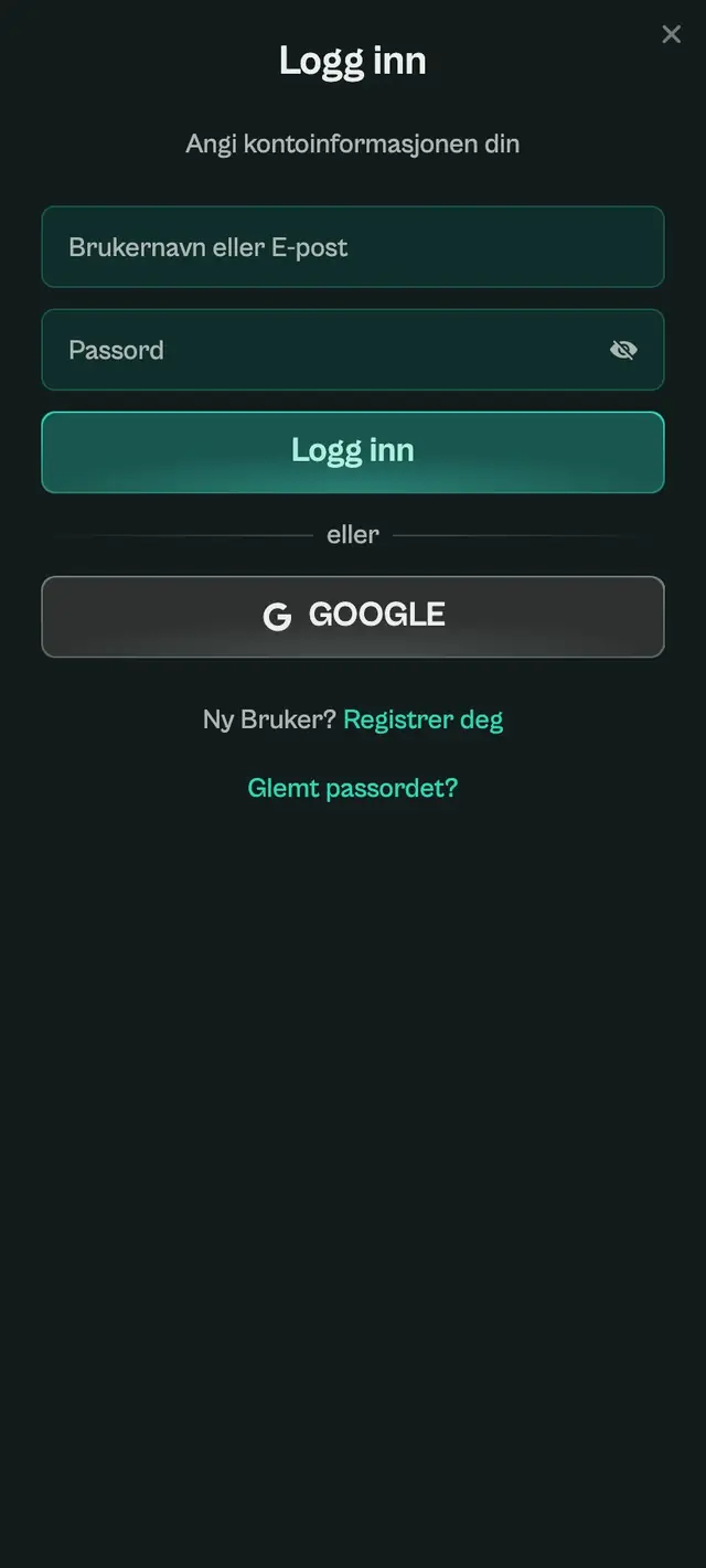Skjemaet Logg inn som åpnes når et live-bord trykkes uten konto, med Google-knapp og lenke for glemt passord