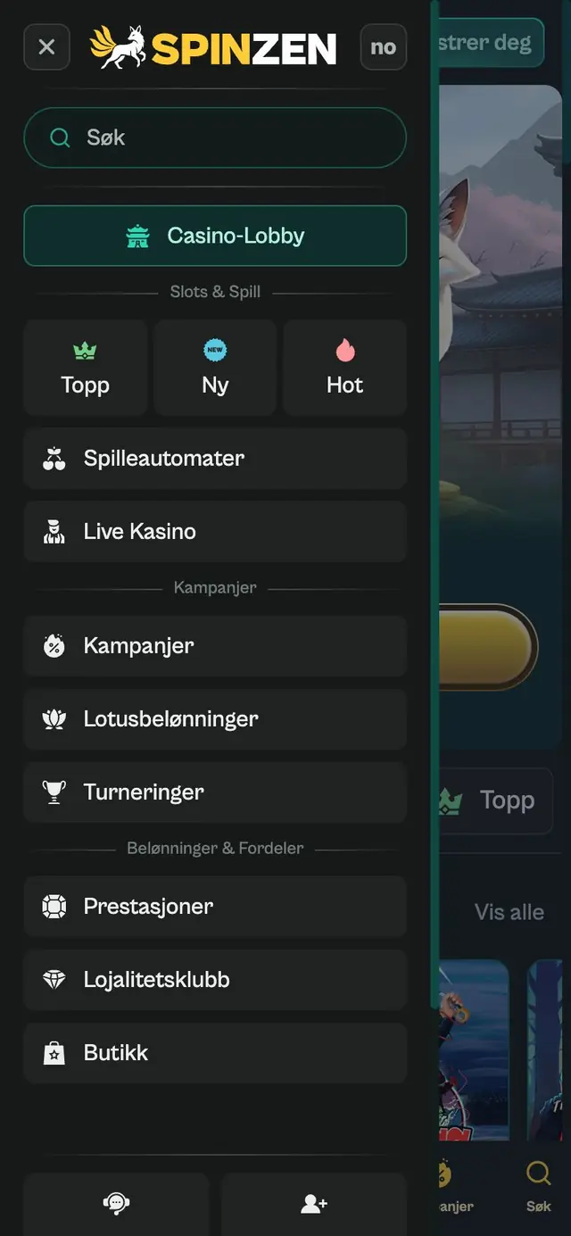 Åpen sidemeny på iPhone med søkefelt, Casino-Lobby, Topp, Ny, Hot, Live Kasino og lister for kampanjer
