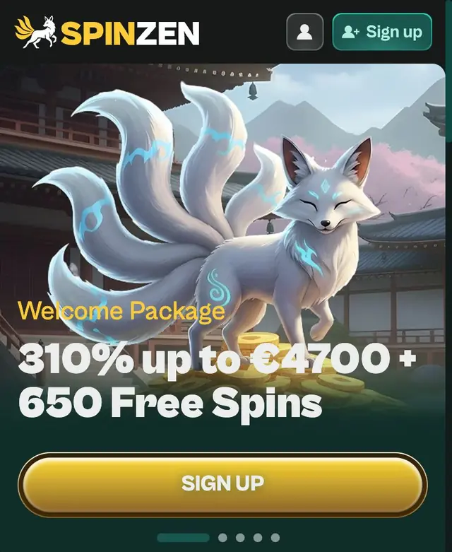 Startsidan i mobilen med Spinzen-logga, grå personikon och grön knapp Sign up ovanför välkomstbannern i euro