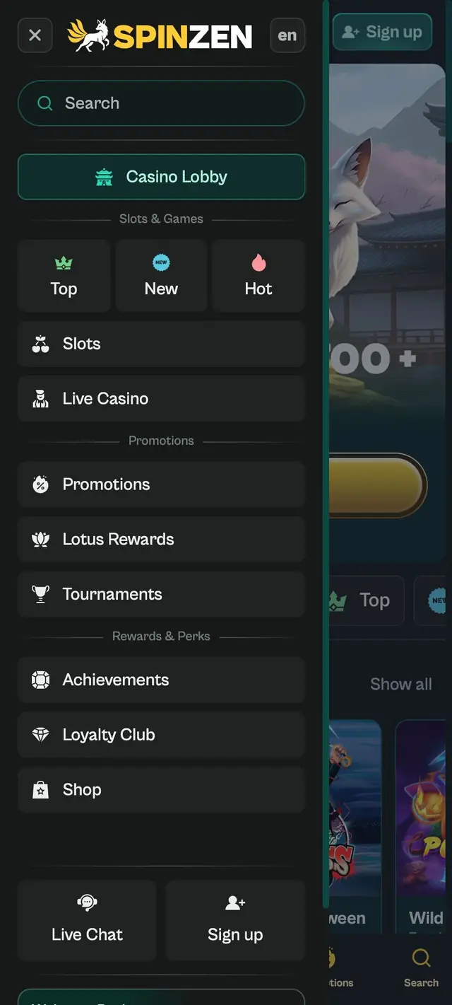 Öppen sidomeny på engelska med Search, Casino Lobby, Top, New, Hot och knapparna Live Chat och Sign up
