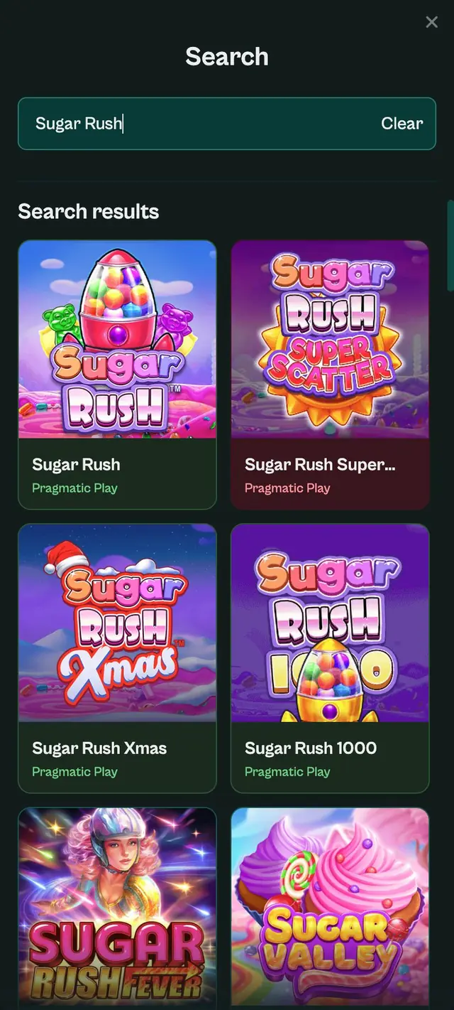 Två spalter med träffar på Sugar Rush: originalet uppe till vänster och tre varianter från samma studio