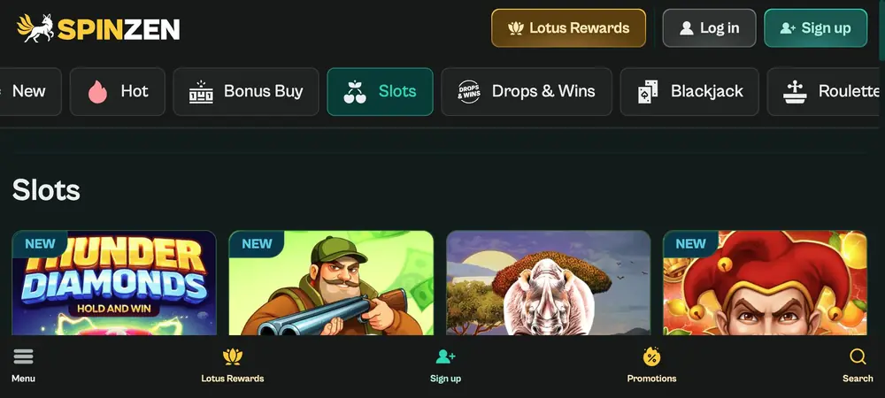 Liggande slotslobby med datorns sidhuvud, kategoriknappar från New till Roulette och fyra spelrutor i en rad