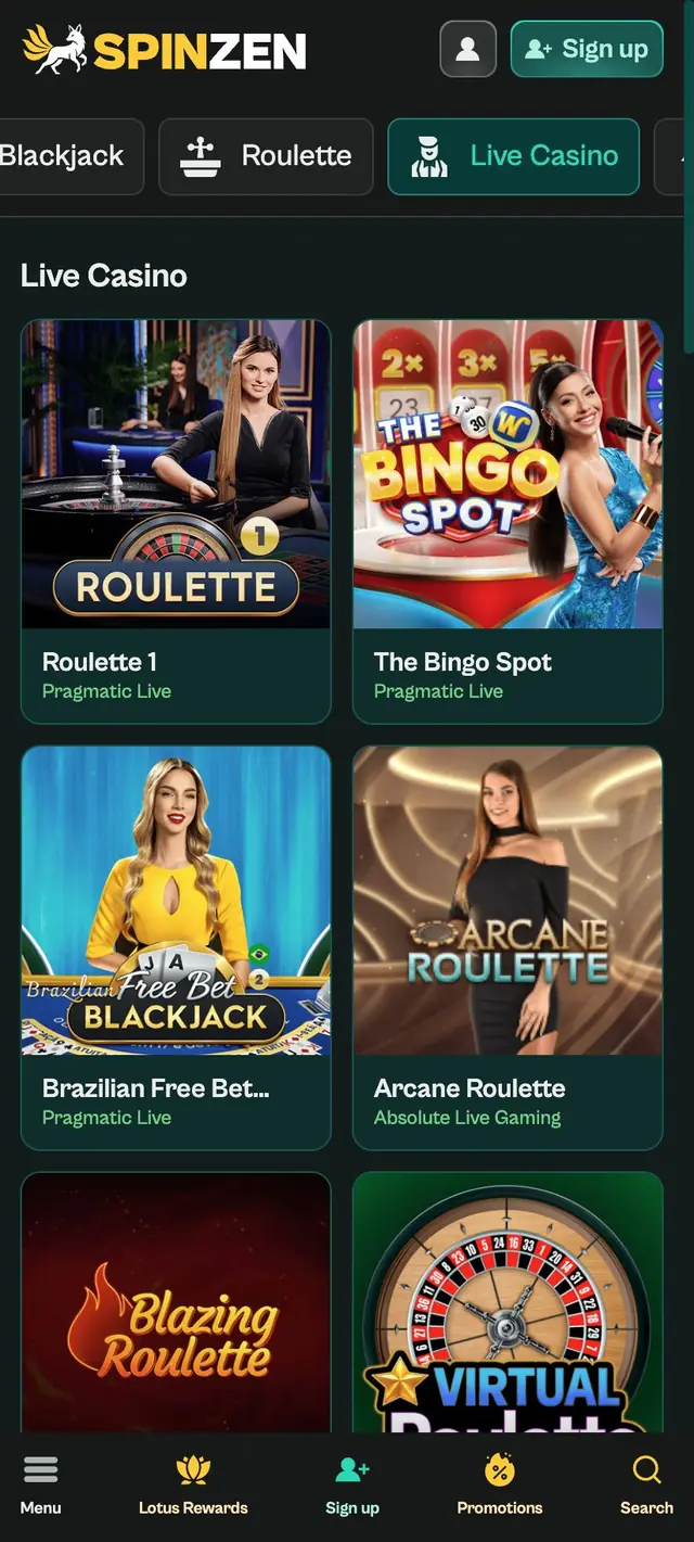 Live Casino-lobbyn i mobilen med Roulette 1, The Bingo Spot, Brazilian Free Bet Blackjack och Arcane Roulette