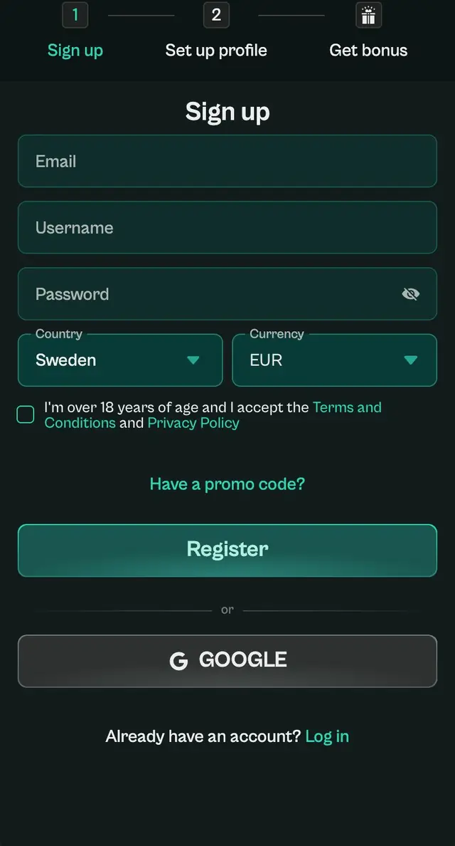 Första registreringssteget med Email, Username och Password, Country Sweden, Currency EUR och knappen Register
