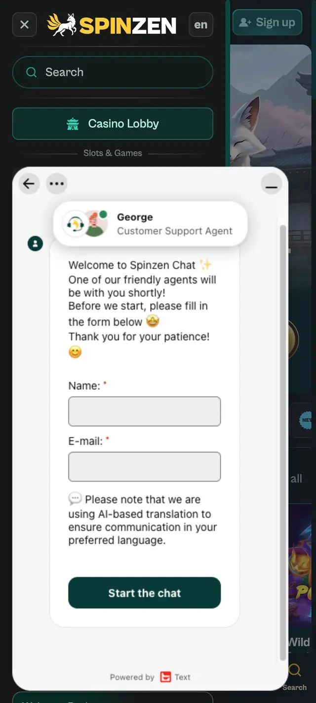 Vitt chattfönster över menyn med engelsk hälsning, fälten Name och E-mail samt knappen Start the chat