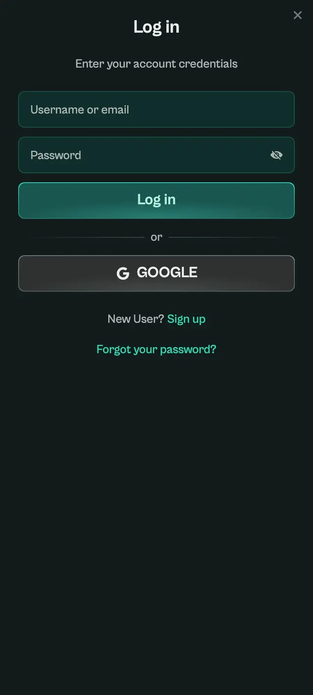 Inloggningsrutan Log in som öppnas när ett livebord trycks utan konto, med GOOGLE-knapp och länk för glömt lösenord