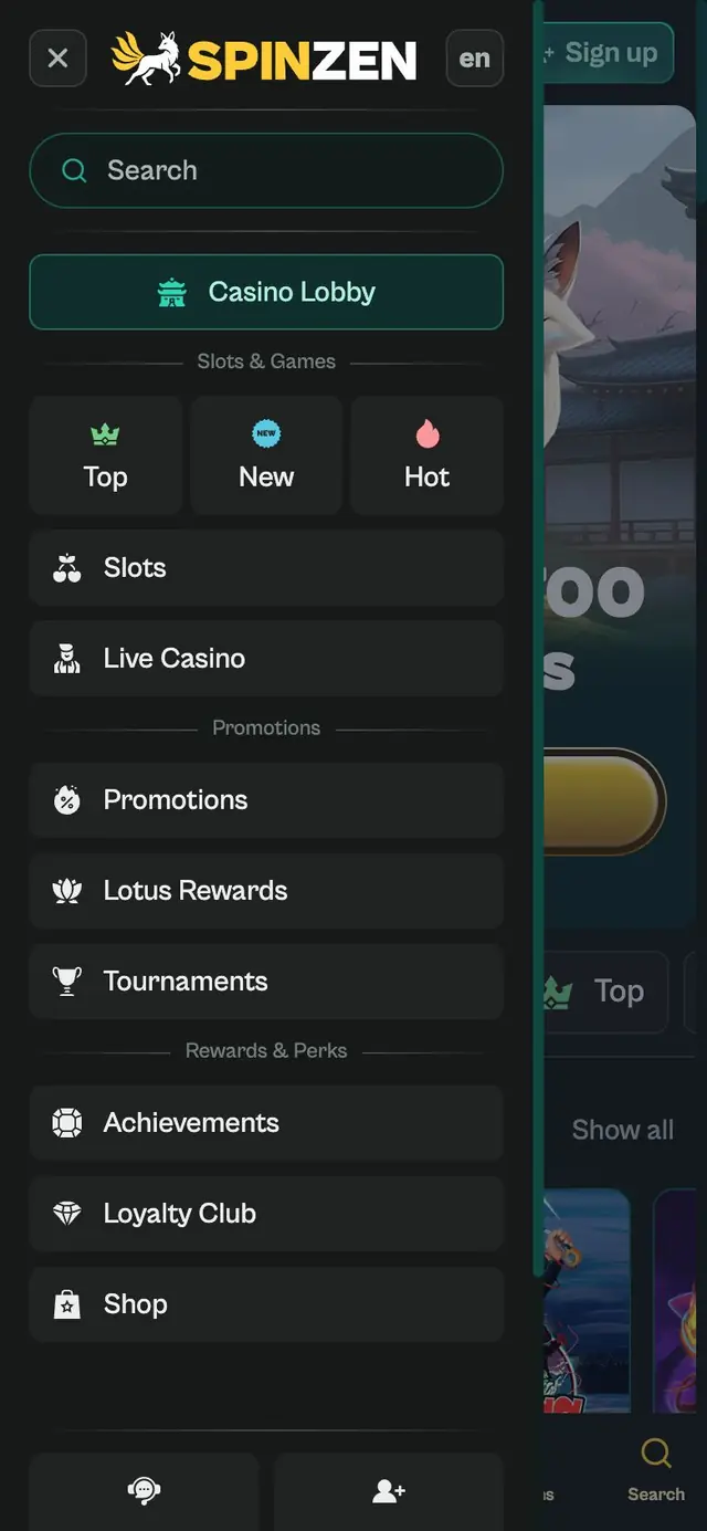 Öppen sidomeny på engelska i iPhone-bredd med sökfält, Casino Lobby, Top, New, Hot och listor för kampanjer