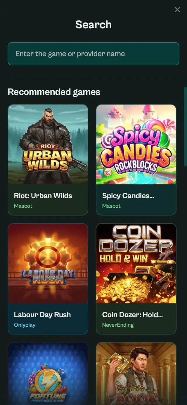 Sökpanelen Search på iPhone med tomt fält för spel eller leverantör och rekommenderade spel i ett rutnät