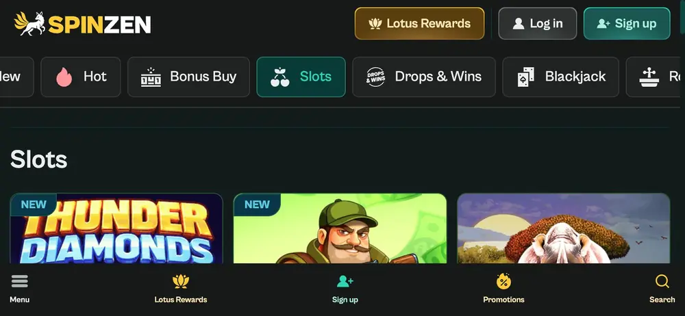 Liggande iPhone-vy av Slots med datorns sidhuvud, kategoriknappar som Bonus Buy och Blackjack och tre spelrutor
